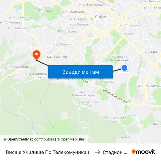 Висше Училище По Телекомуникации / University Of Telecommunications And Post (1396) to Стадион Стефан Миленков map