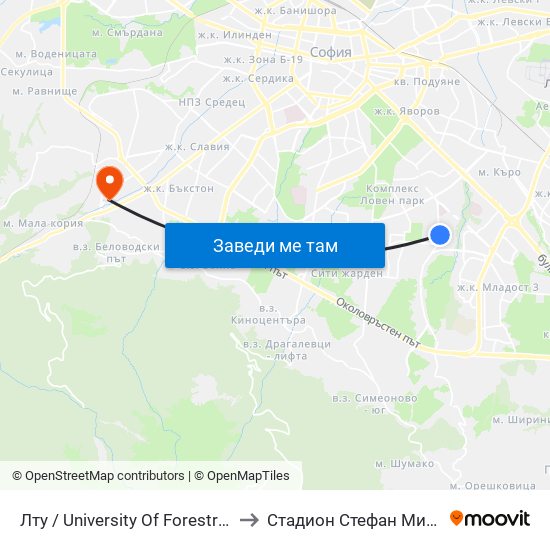Лту / University Of Forestry (0614) to Стадион Стефан Миленков map