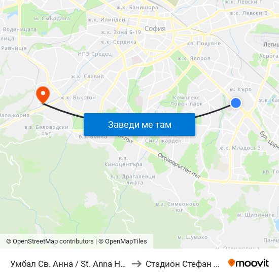 Умбал Св. Анна / St. Anna Hospital (1196) to Стадион Стефан Миленков map