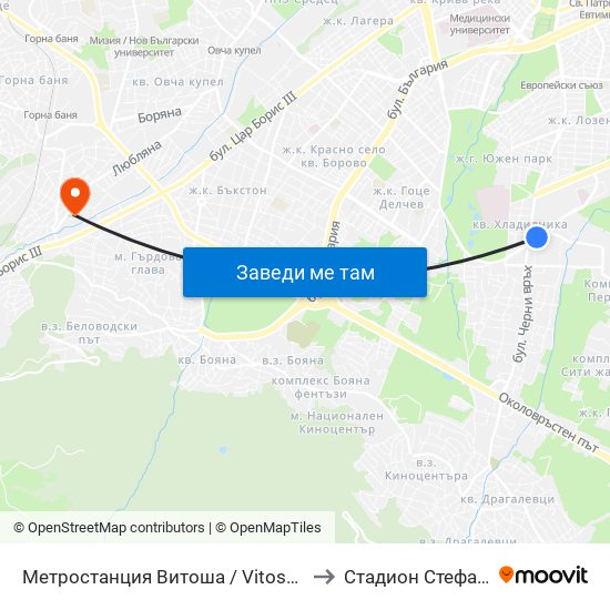 Метростанция Витоша / Vitosha Metro Station (0909) to Стадион Стефан Миленков map