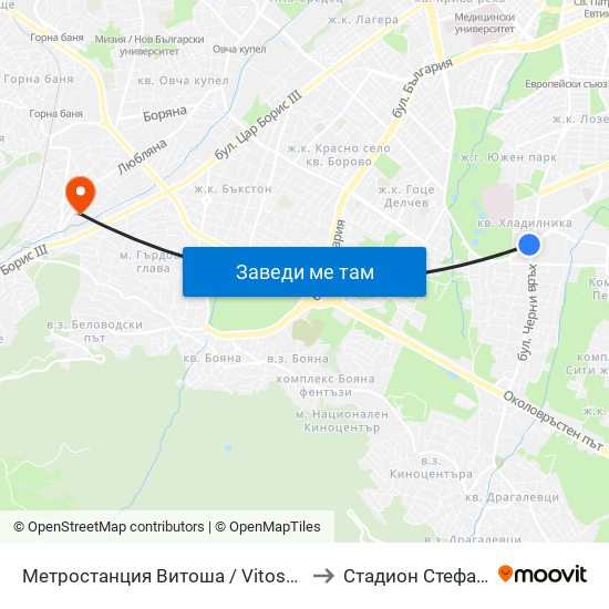 Метростанция Витоша / Vitosha Metro Station (2755) to Стадион Стефан Миленков map