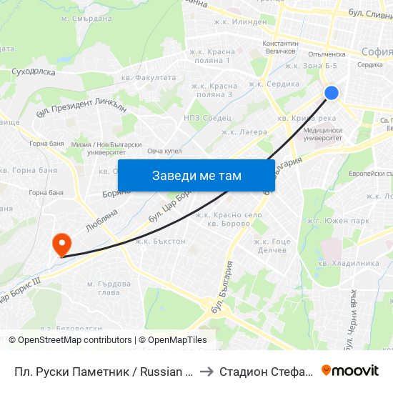 Пл. Руски Паметник / Russian Monument Sq. (1296) to Стадион Стефан Миленков map