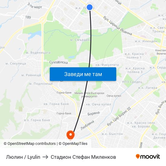 Люлин / Lyulin to Стадион Стефан Миленков map