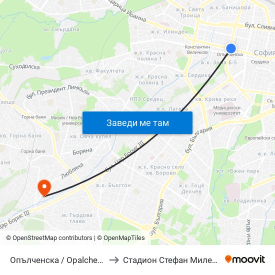 Опълченска / Opalchenska to Стадион Стефан Миленков map