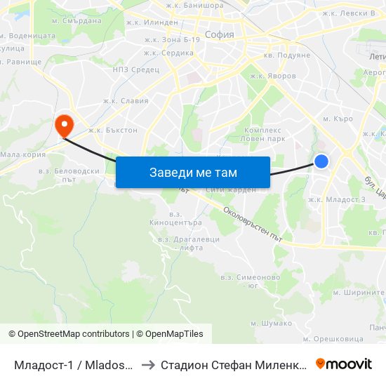 Младост-1 / Mladost 1 to Стадион Стефан Миленков map