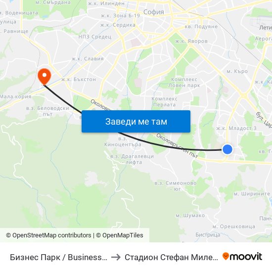 Бизнес Парк / Business Park to Стадион Стефан Миленков map