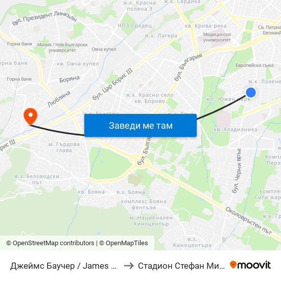 Джеймс Баучер / James Bourchier to Стадион Стефан Миленков map