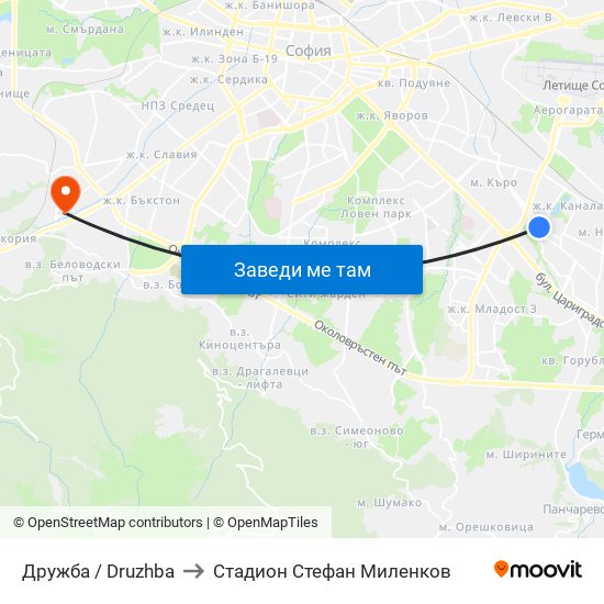Дружба / Druzhba to Стадион Стефан Миленков map