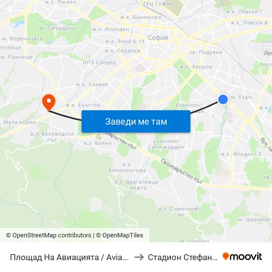 Площад На Авиацията / Aviation Square (1257) to Стадион Стефан Миленков map