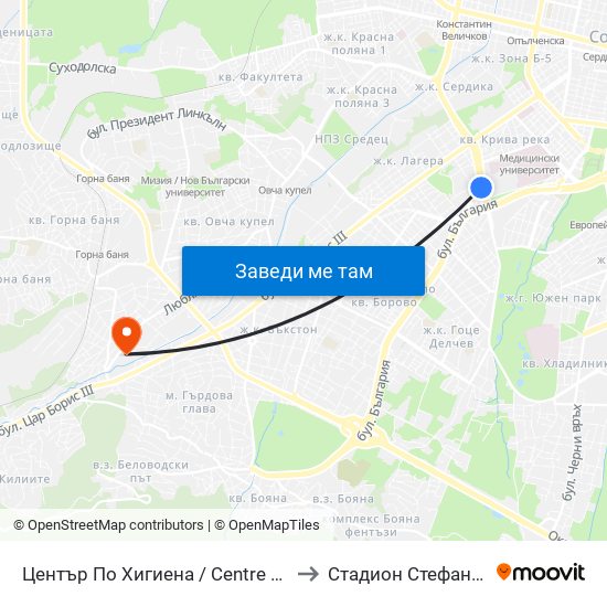 Център По Хигиена / Centre Of Hygiene (2343) to Стадион Стефан Миленков map