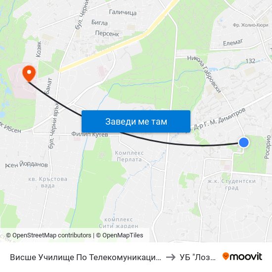 Висше Училище По Телекомуникации / University Of Telecommunications And Post (1396) to УБ "Лозенец"  3-та Стая map