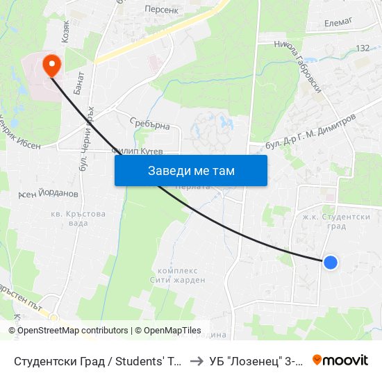 Студентски Град / Students' Town (1693) to УБ "Лозенец"  3-та Стая map