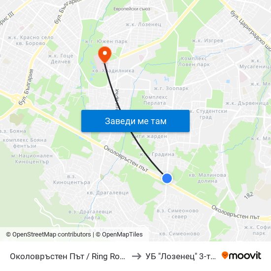 Околовръстен Път / Ring Road (1175) to УБ "Лозенец"  3-та Стая map