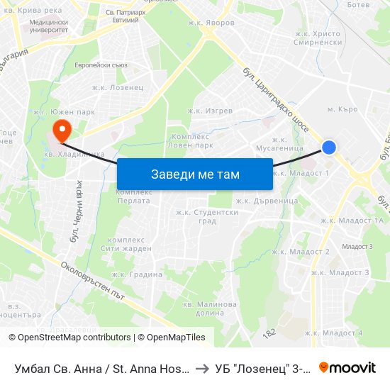 Умбал Св. Анна / St. Anna Hospital (1196) to УБ "Лозенец"  3-та Стая map