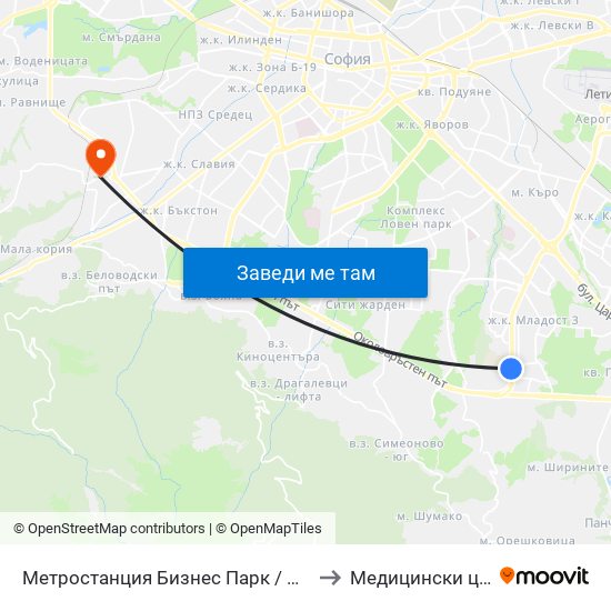 Метростанция Бизнес Парк / Business Park Metro Station (2490) to Медицински център ,,Ортомед'' map