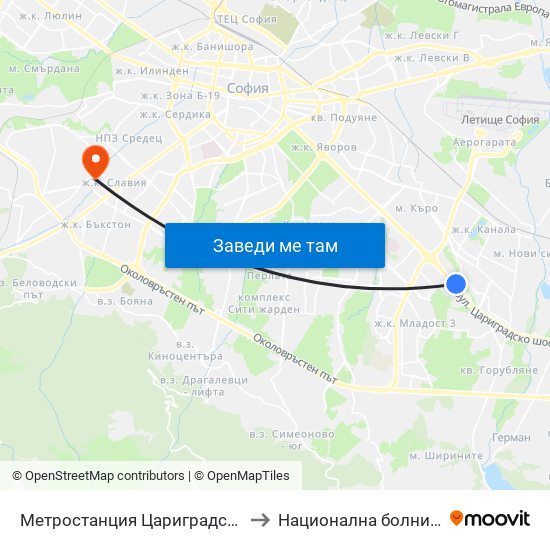 Метростанция Цариградско Шосе / Tsarigradsko Shosse Metro Station (1016) to Национална болница по физиотерапия и рехабилитация map