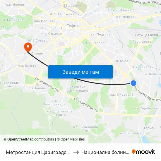 Ⓜ️ Метростанция Цариградско Шосе / Tsarigradsko Shosse Metro Station (1016) to Национална болница по физиотерапия и рехабилитация map