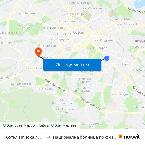 Хотел Плиска / Pliska Hotel (2326) to Национална болница по физиотерапия и рехабилитация map