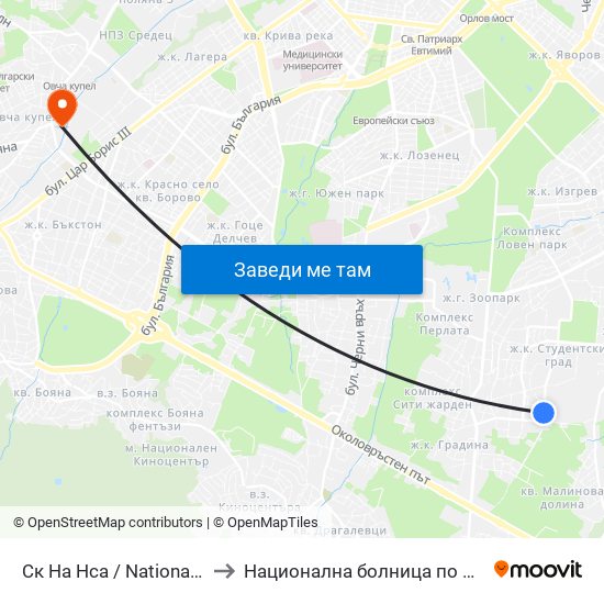 Ск На Нса / National Sports Academy (1609) to Национална болница по физиотерапия и рехабилитация map