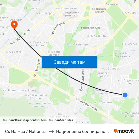 Ск На Нса / National Sports Academy (1609) to Национална болница по физиотерапия и рехабилитация map