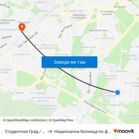 Студентски Град / Students' Town (2382) to Национална болница по физиотерапия и рехабилитация map