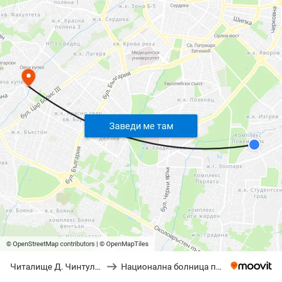📚 Читалище Д. Чинтулов / D. Chintulov Library (2365) to Национална болница по физиотерапия и рехабилитация map