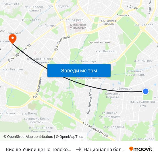 Висше Училище По Телекомуникации / University Of Telecommunications And Post (1396) to Национална болница по физиотерапия и рехабилитация map