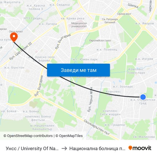 Унсс / University Of National And World Economy (1691) to Национална болница по физиотерапия и рехабилитация map