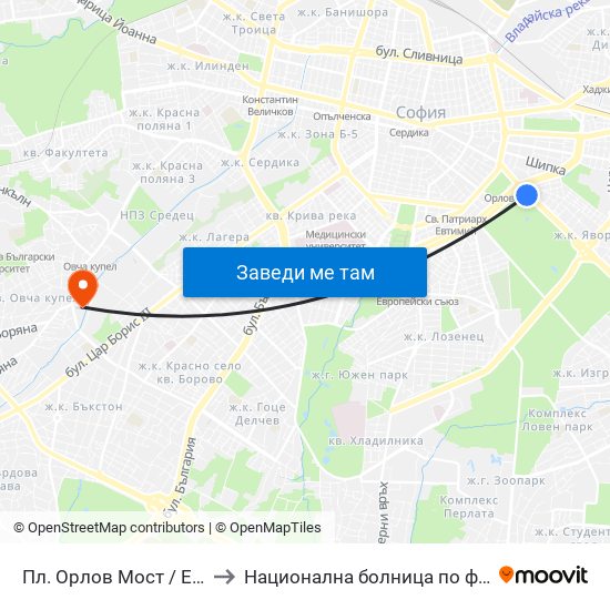 Пл. Орлов Мост / Eagles' Bridge Sq. (1287) to Национална болница по физиотерапия и рехабилитация map
