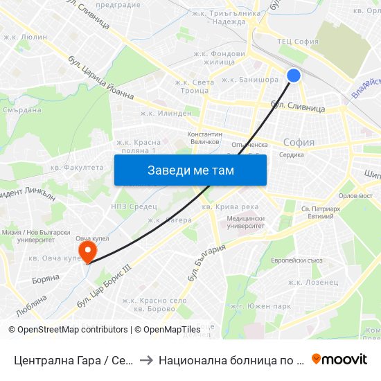 Централна Гара / Central Railway Station (1327) to Национална болница по физиотерапия и рехабилитация map