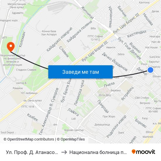 Ул. Проф. Д. Атанасов / Prof. D. Atanasov St. (2134) to Национална болница по физиотерапия и рехабилитация map