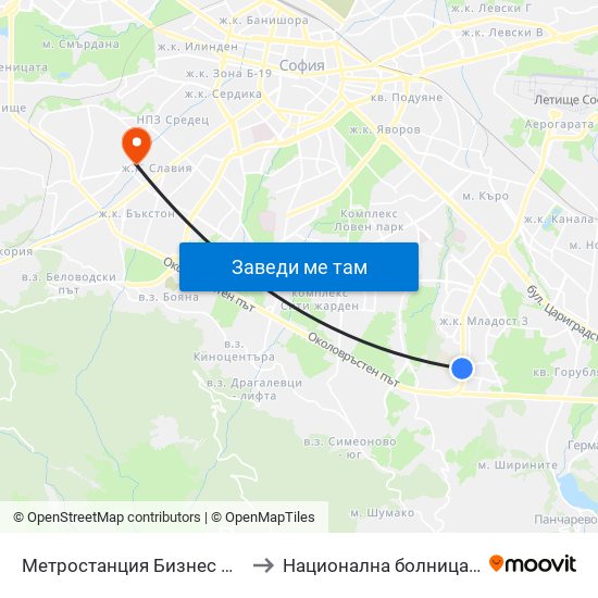 Метростанция Бизнес Парк / Business Park Metro Station (2490) to Национална болница по физиотерапия и рехабилитация map