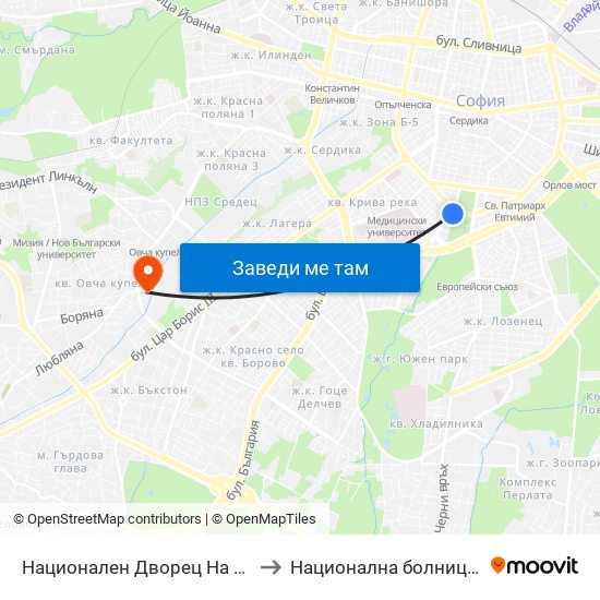 Ⓜ️ Национален Дворец На Културата / National Palace Of Culture (1134) to Национална болница по физиотерапия и рехабилитация map