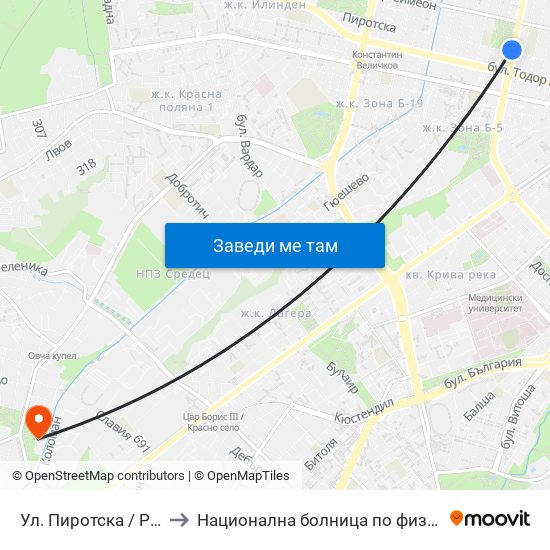 Ул. Пиротска / Pirotska St. (2111) to Национална болница по физиотерапия и рехабилитация map