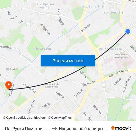Пл. Руски Паметник / Russian Monument Sq. (1296) to Национална болница по физиотерапия и рехабилитация map