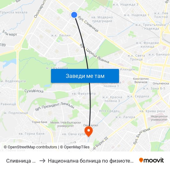 Сливница / Slivnitsa to Национална болница по физиотерапия и рехабилитация map