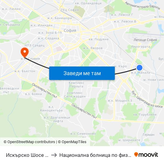Искърско Шосе / Iskarsko Shosse to Национална болница по физиотерапия и рехабилитация map