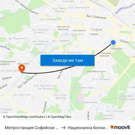 Метростанция Софийски Университет / Sofia University Metro Station (2827) to Национална болница по физиотерапия и рехабилитация map