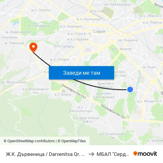 Ж.К. Дървеница / Darvenitsa Qr. (1012) to МБАЛ "Сердика" map