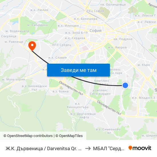 Ж.К. Дървеница / Darvenitsa Qr. (0800) to МБАЛ "Сердика" map