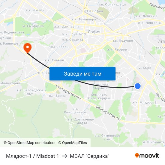 Младост-1 / Mladost 1 to МБАЛ "Сердика" map