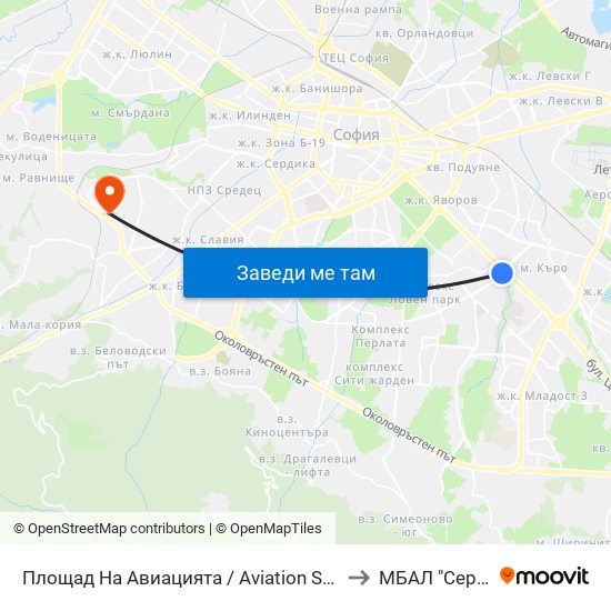Площад На Авиацията / Aviation Square (1257) to МБАЛ "Сердика" map