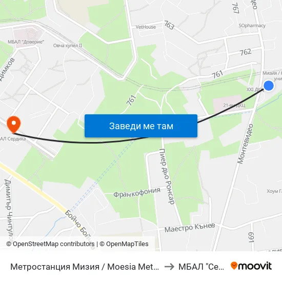 Ⓜ️ Метростанция Мизия / Moesia Metro Station (6089) to МБАЛ "Сердика" map