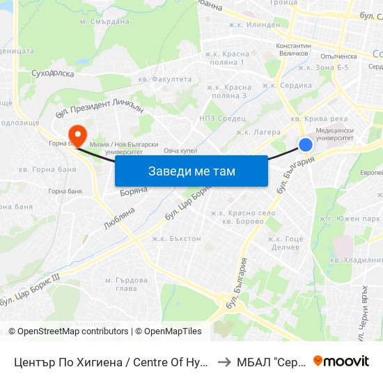 Център По Хигиена / Centre Of Hygiene (2342) to МБАЛ "Сердика" map