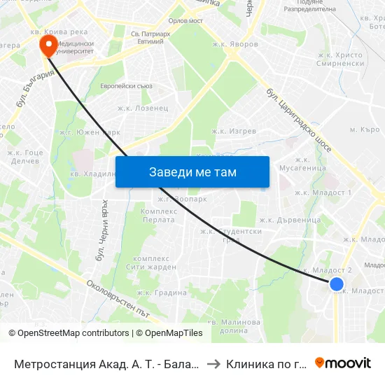 Ⓜ️ Метростанция Акад. Александър Теодоров - Балан / Akademik Aleksandar Teodorov - Balan Metro Station (1917) to Клиника по гастроентерология map