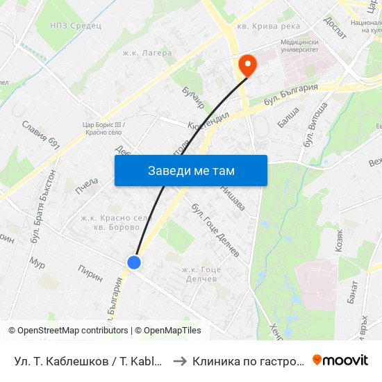 Ул. Т. Каблешков / T. Kableshkov St. (2213) to Клиника по гастроентерология map