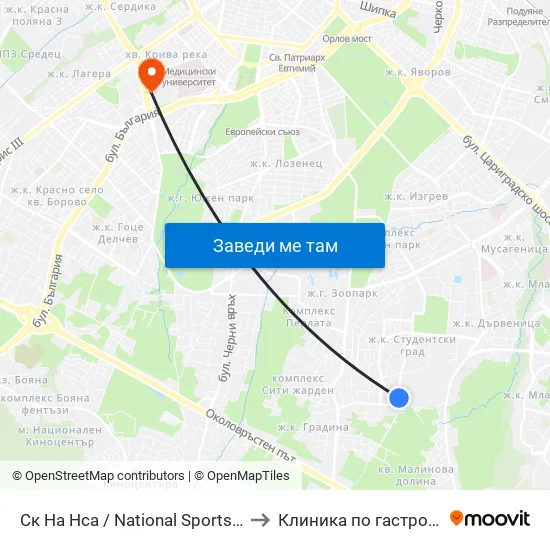 Ск На Нса / National Sports Academy (1609) to Клиника по гастроентерология map