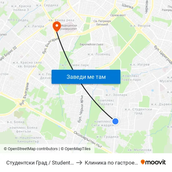 Студентски Град / Students' Town (2382) to Клиника по гастроентерология map