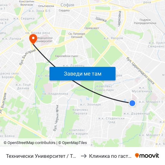 Технически Университет / Technical University (1743) to Клиника по гастроентерология map