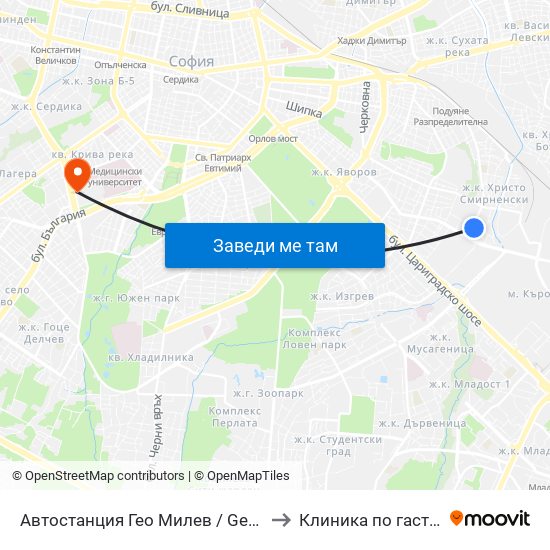 Автостанция Гео Милев / Geo Milev Bus Station (0052) to Клиника по гастроентерология map